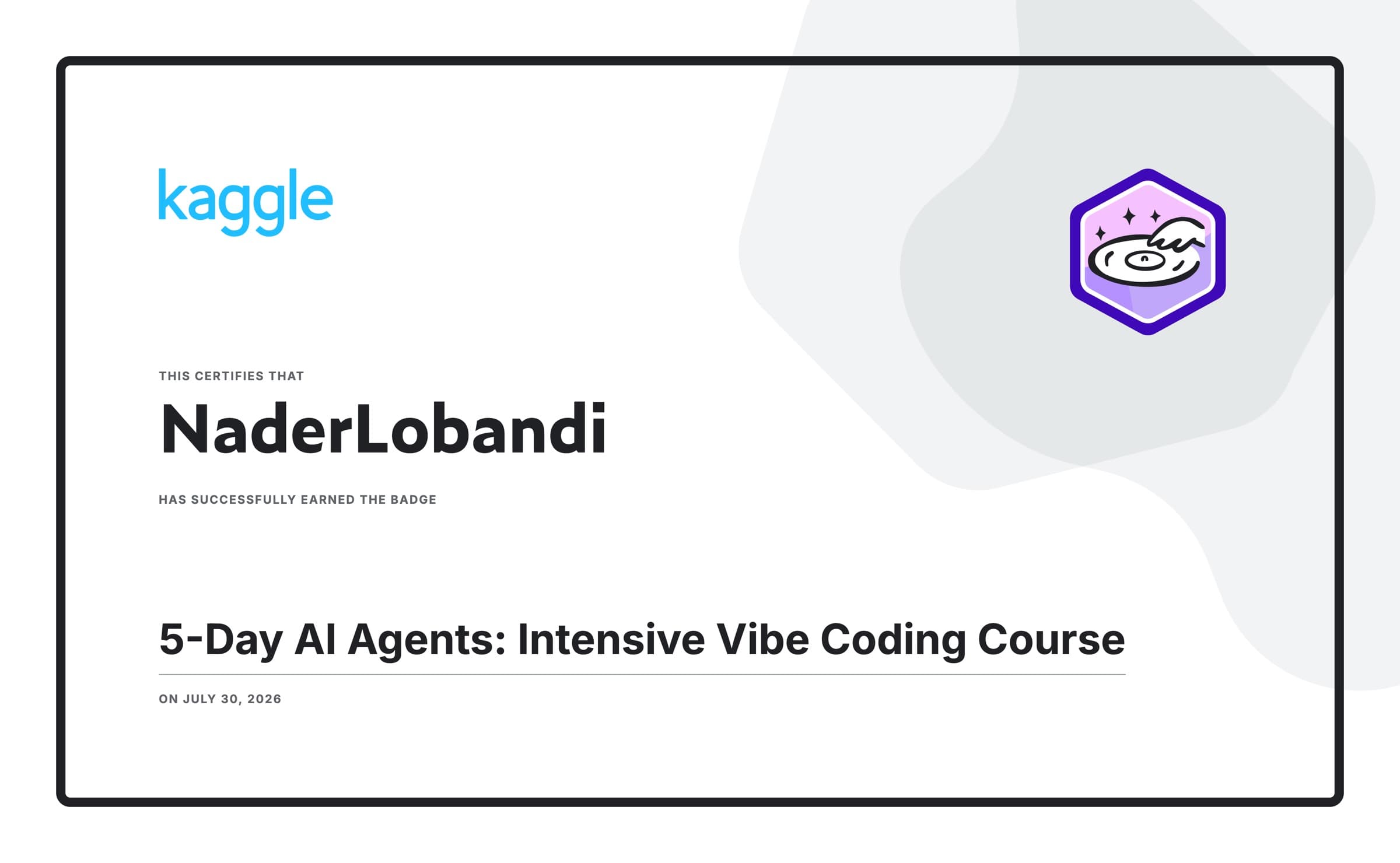 5-Day AI Agents Intensive Vibe Coding Course — certificate of completion